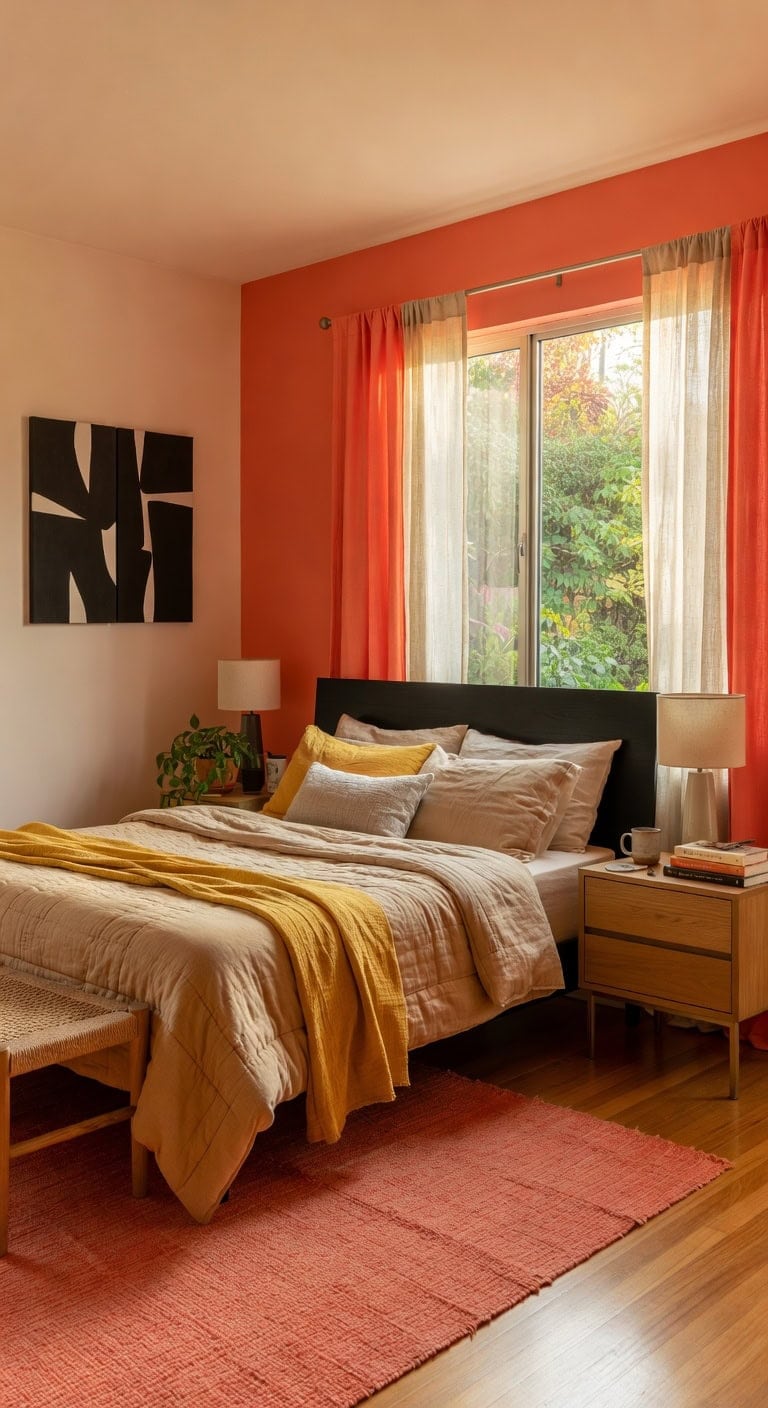 bright coral mid century bedroom