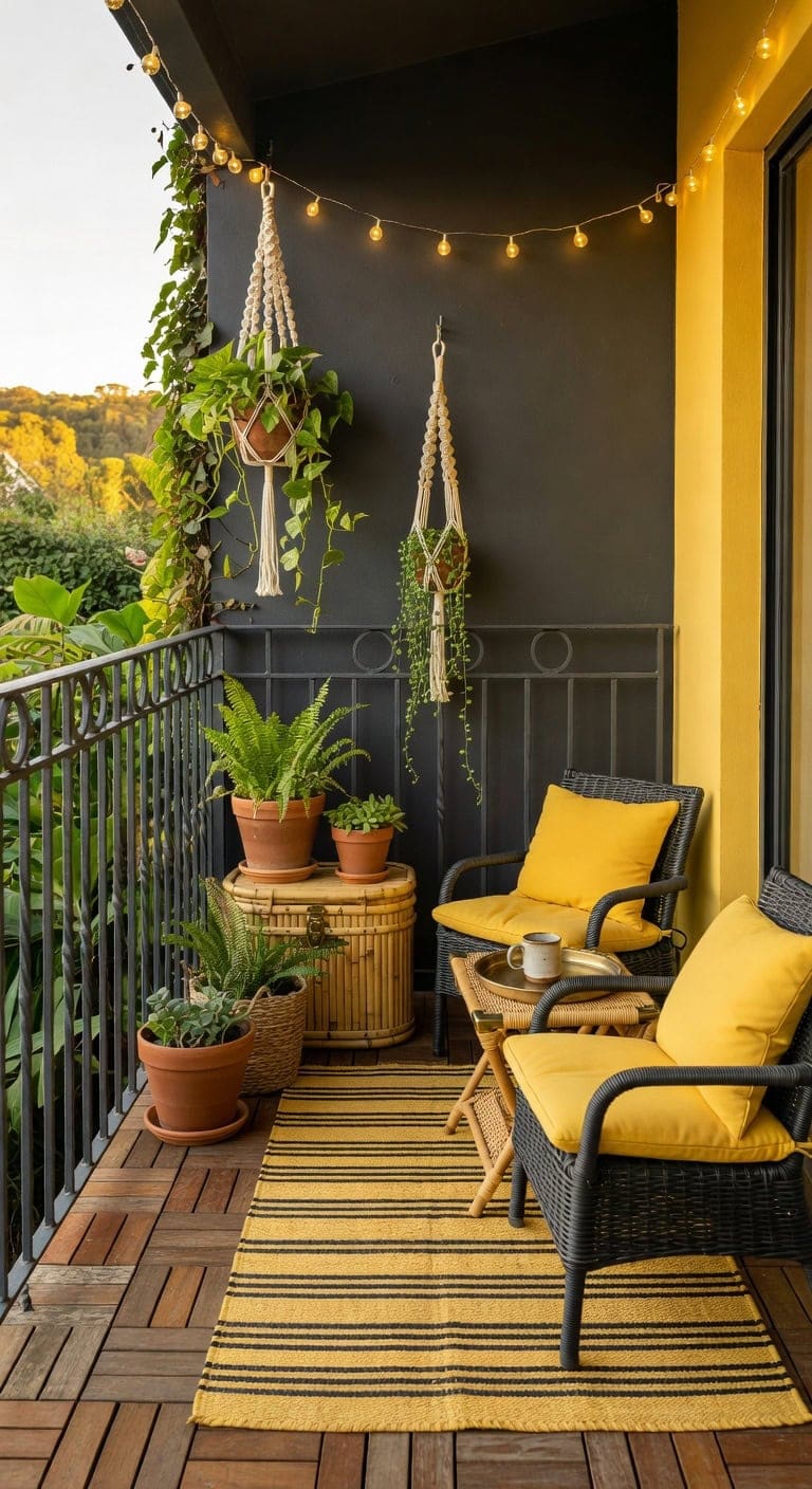 bright yellow charcoal boho balcony
