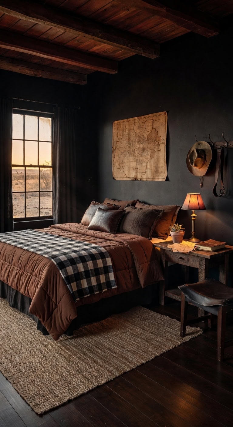 brooding mahogany western bedroom