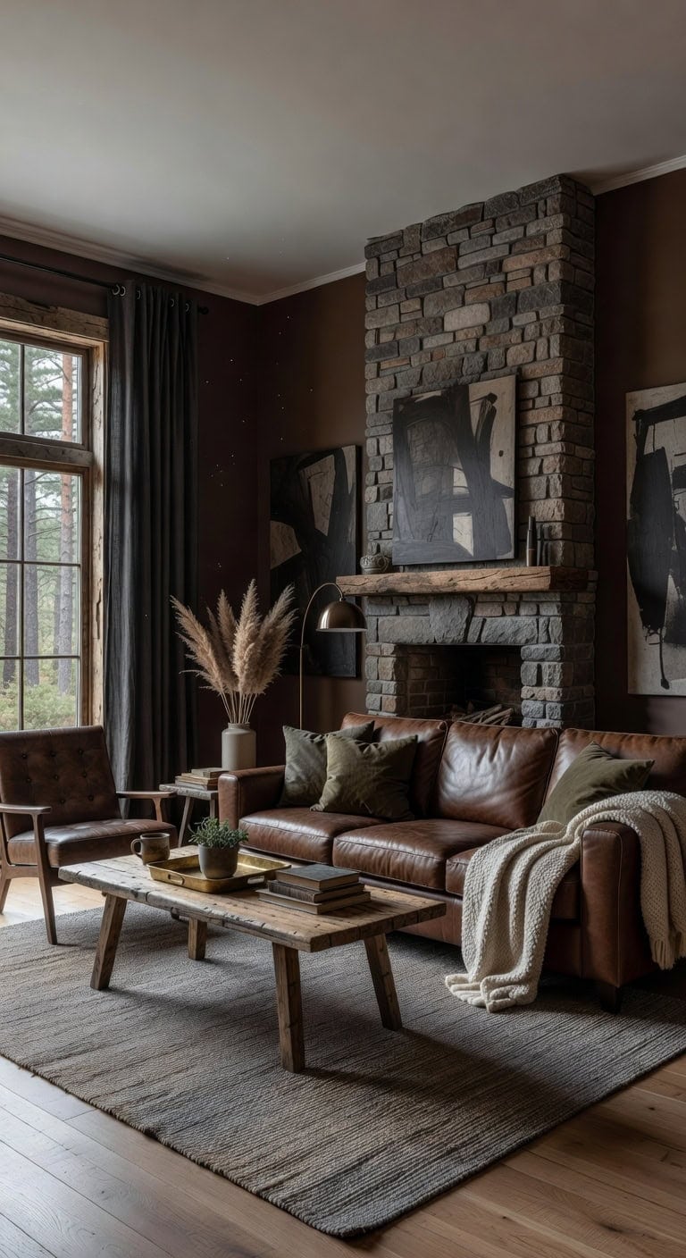 brown leather stone fireplace