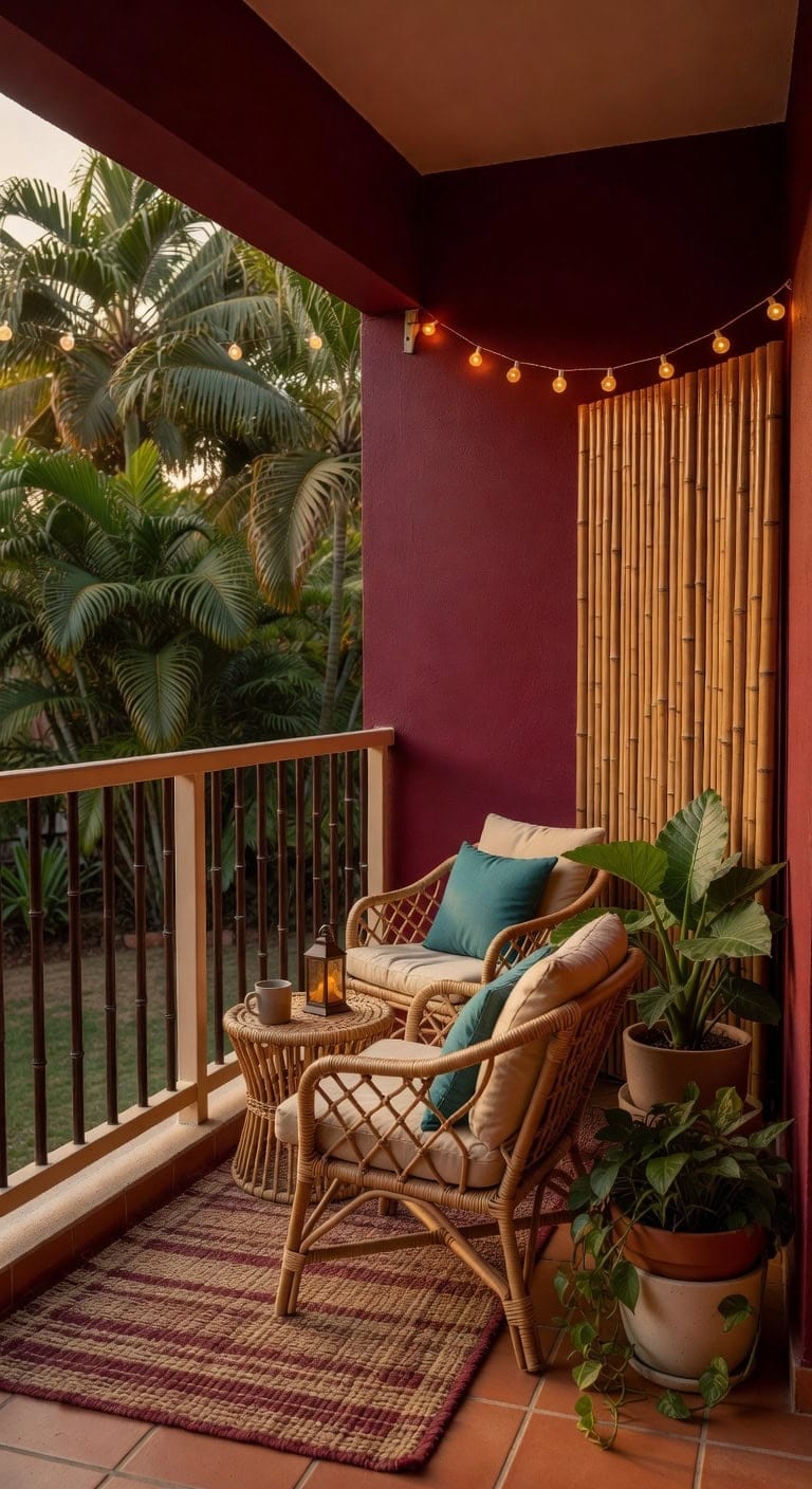burgundy tropical bamboo balcony