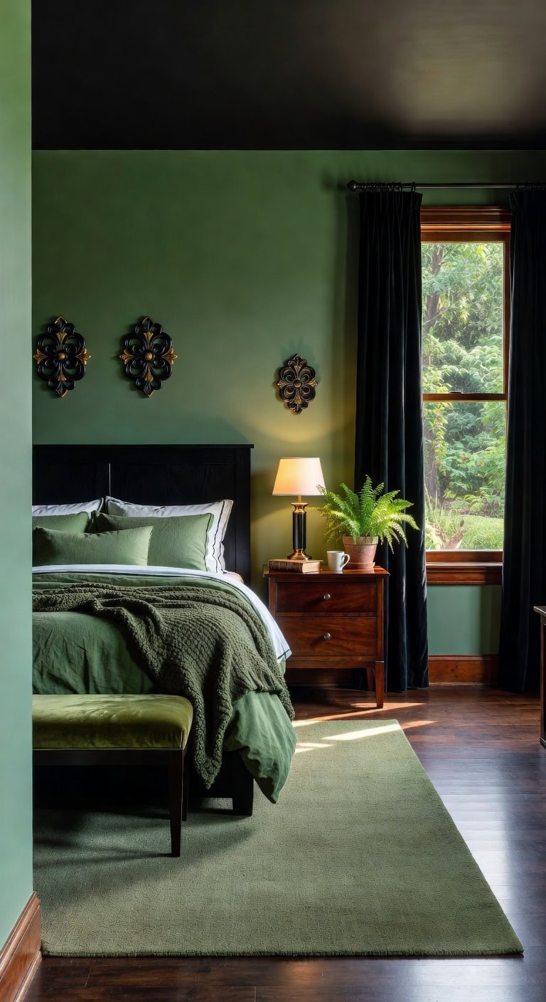 calm green black traditional bedroom