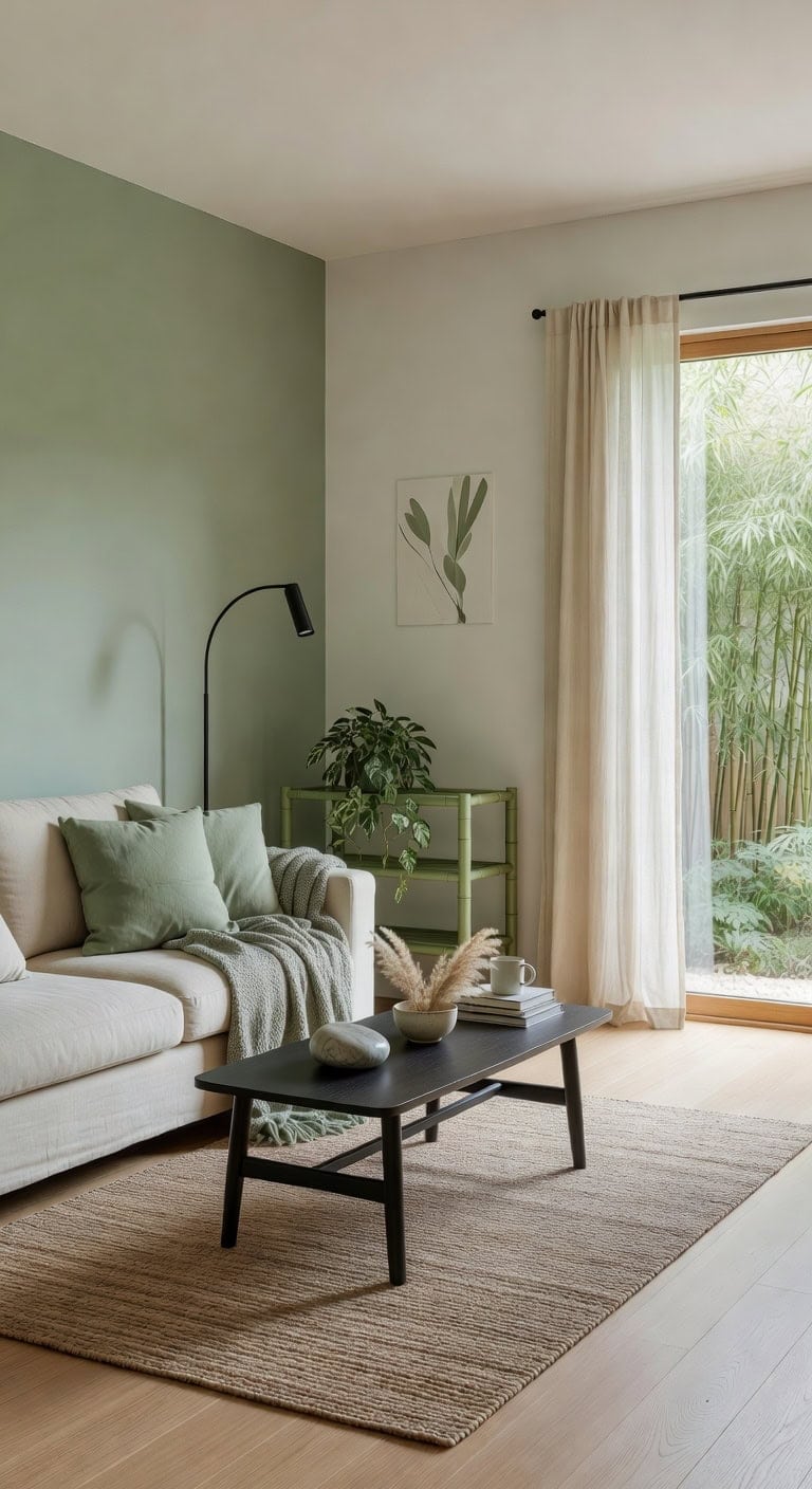 calm sage green japandi living