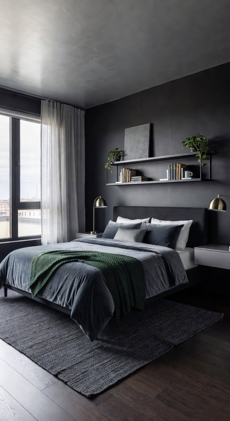 charcoal silver minimalist bedroom
