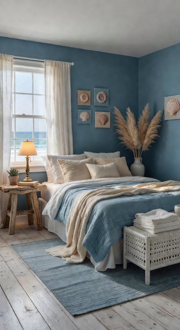 coastal bedroom with blue slipcovers