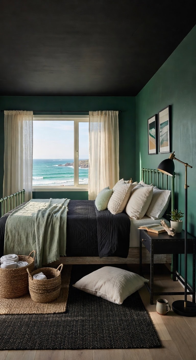 coastal green black bedroom