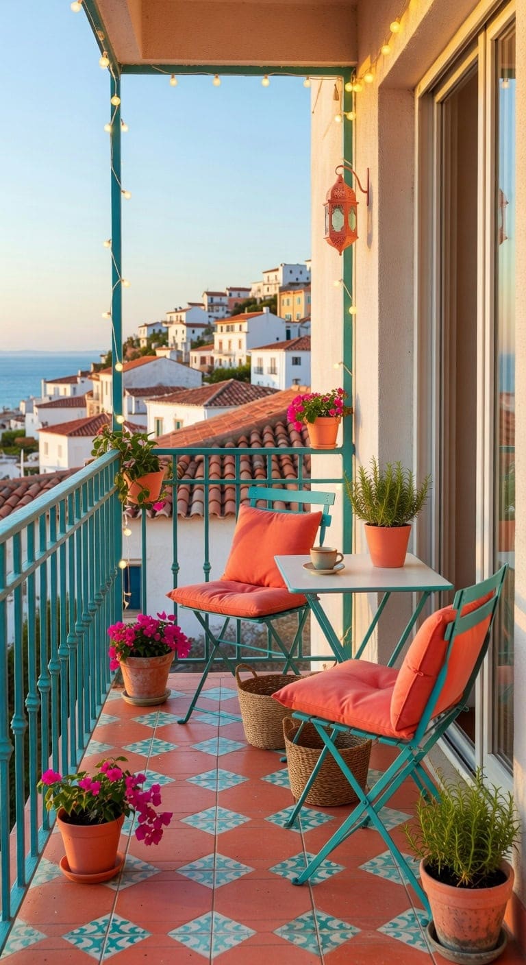 coral and teal balcony