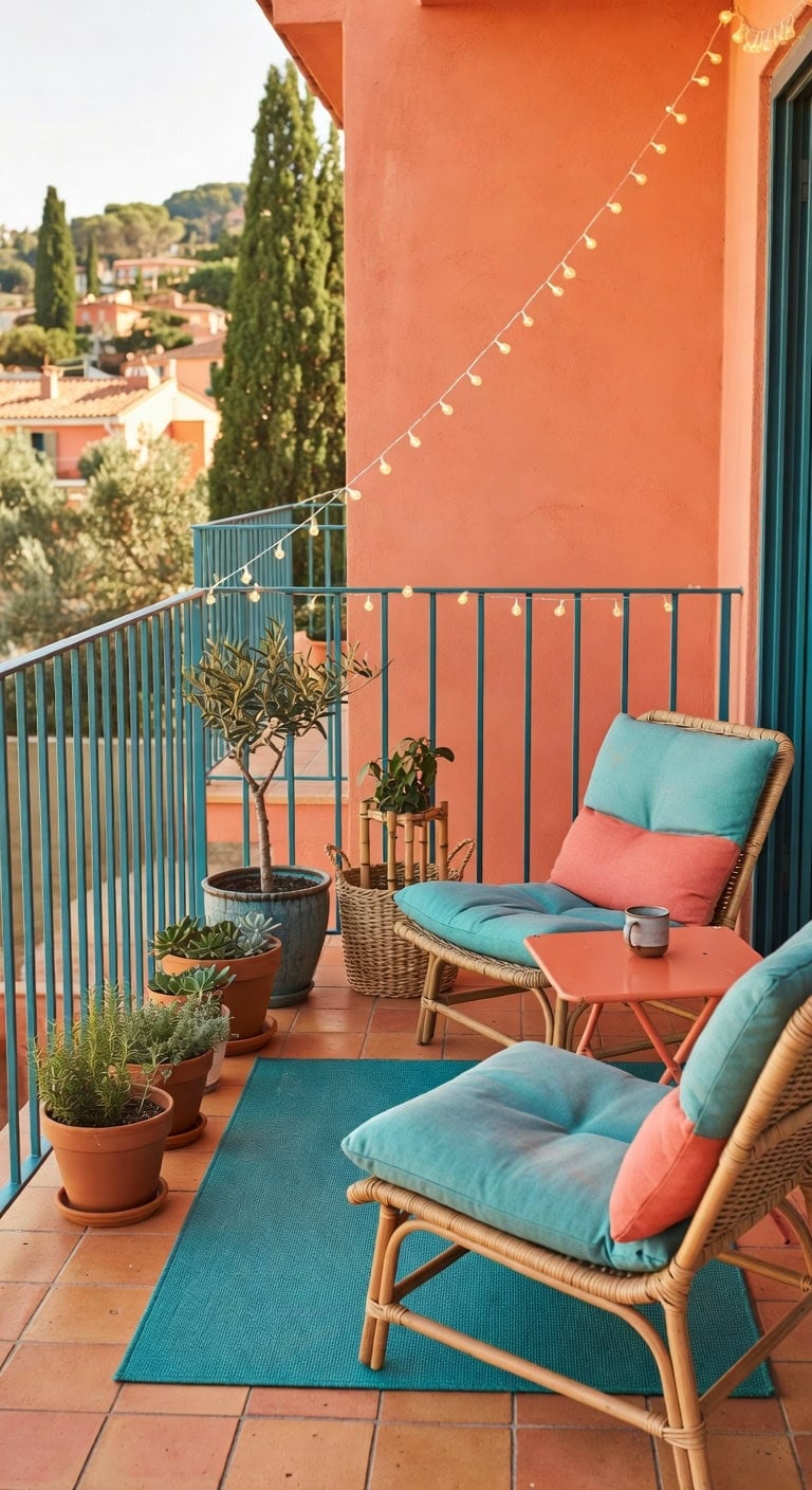 coral and teal balcony
