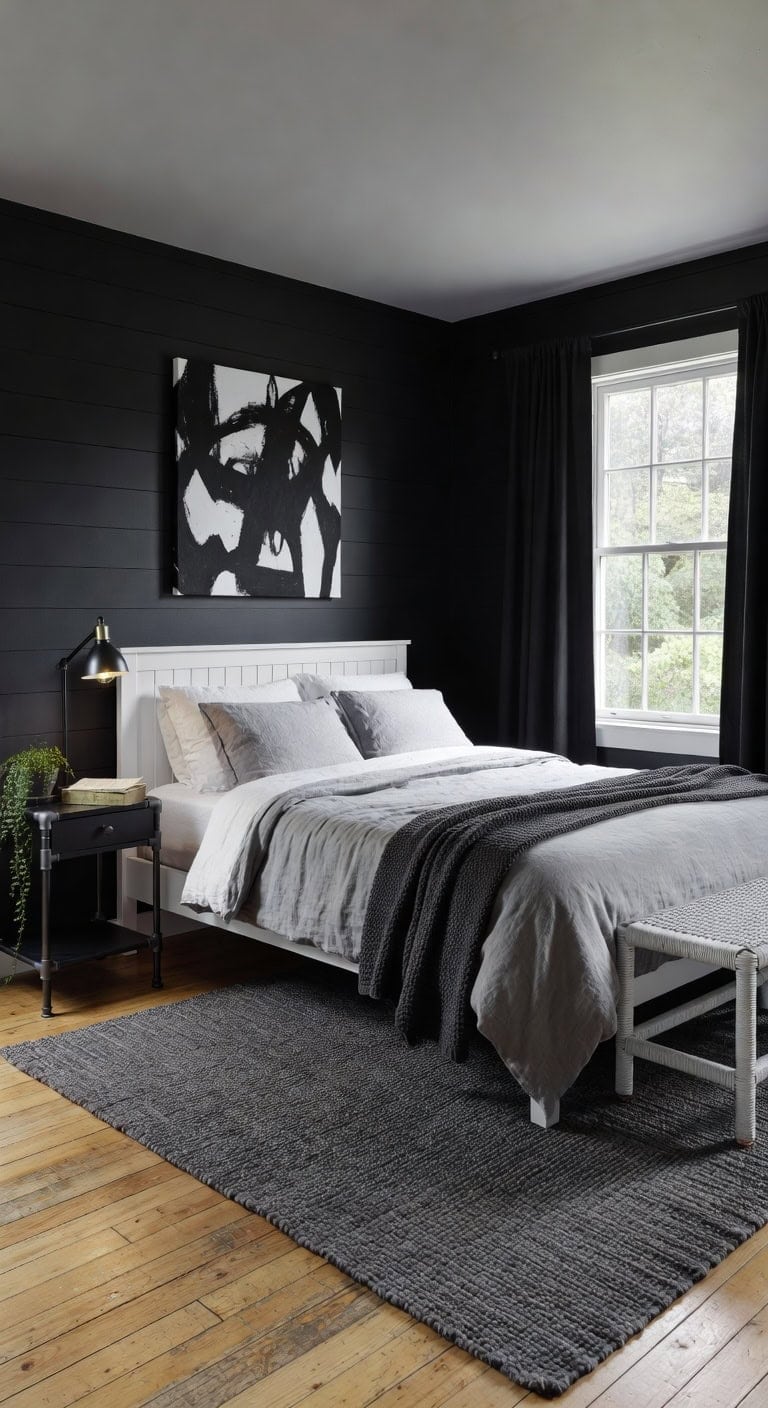 cozy black white cottage bedroom
