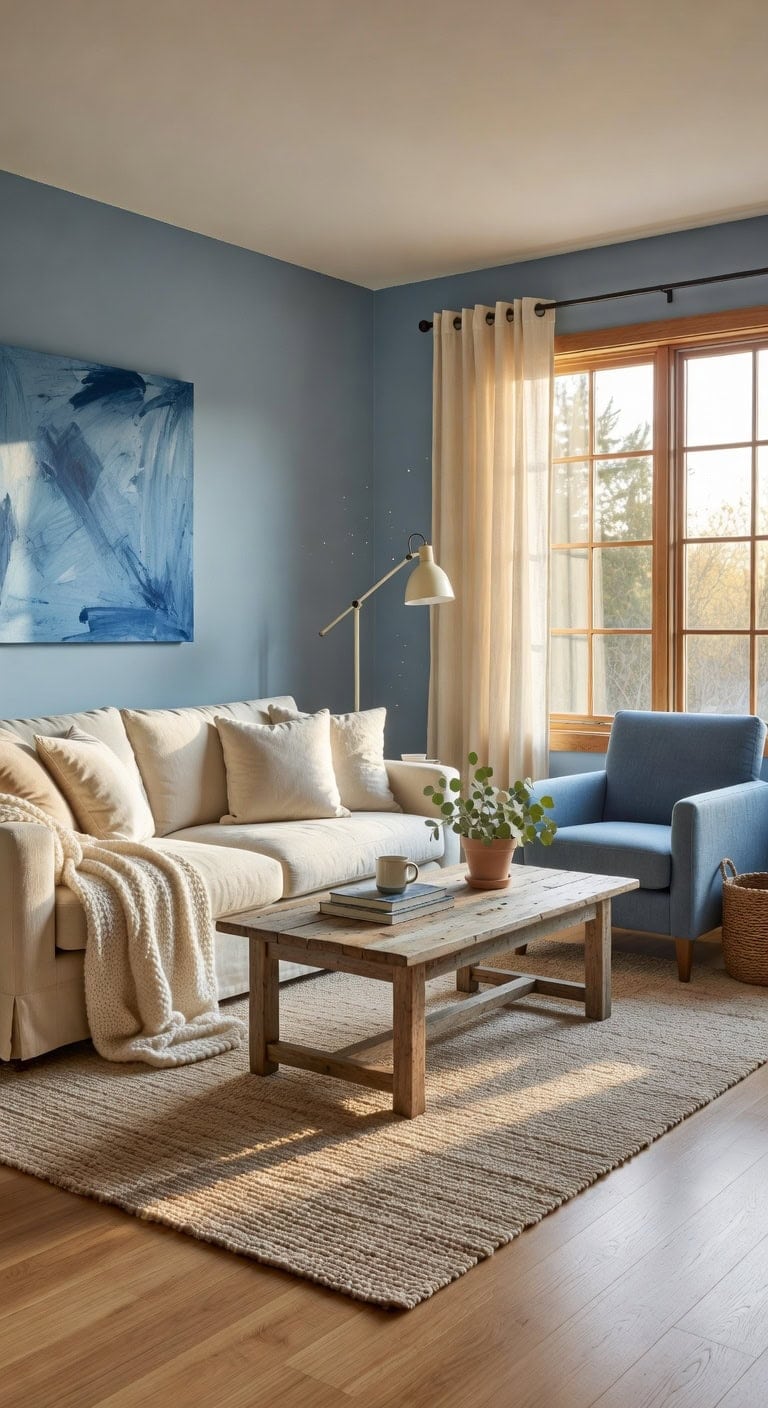 cozy farmhouse blue cream living