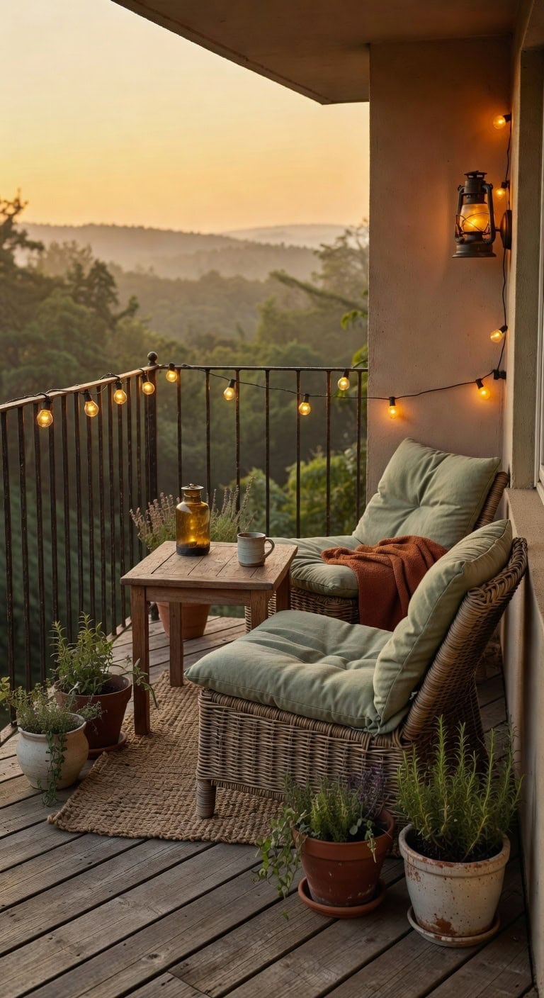 cozy rustic balcony with lights