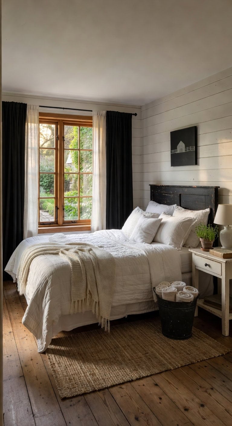 cozy rustic black and white bedroom