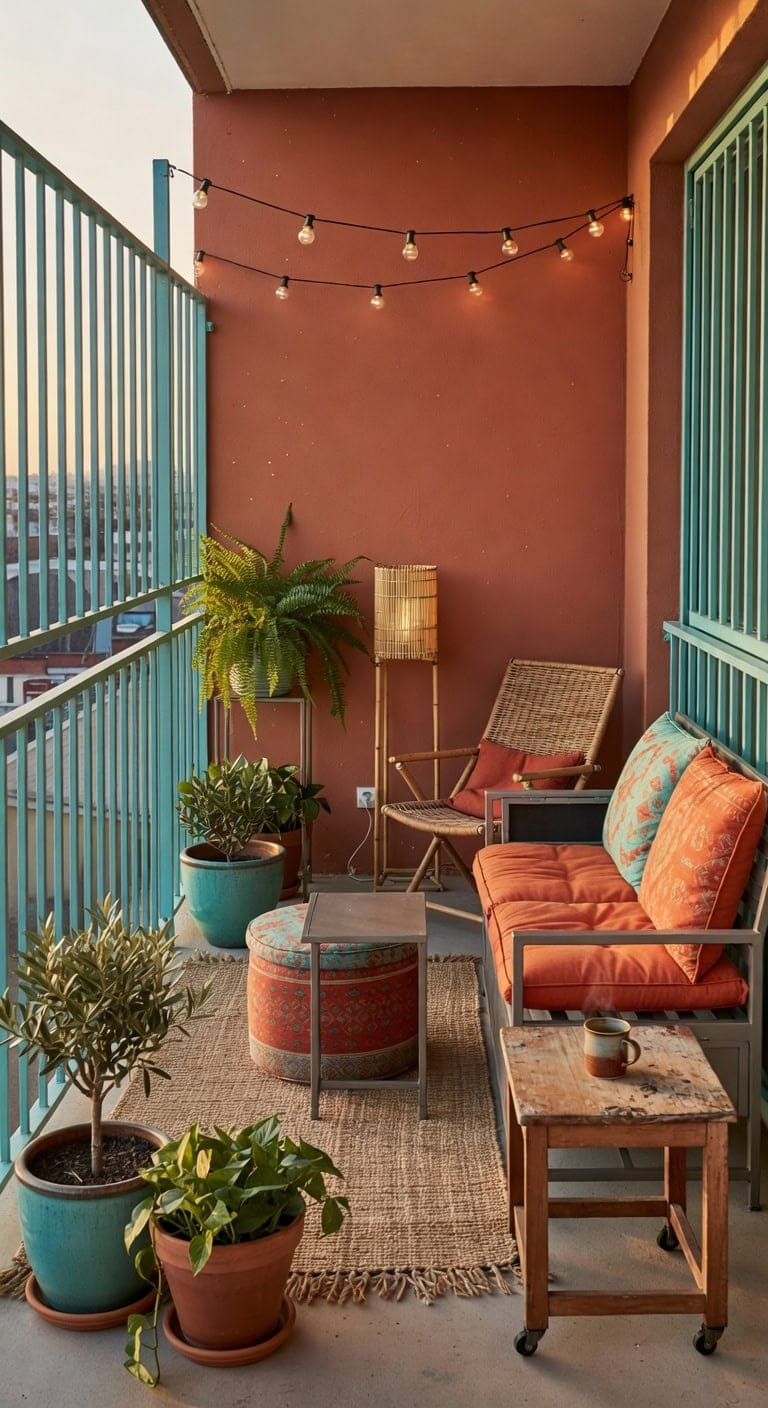 cozy turquoise terracotta balcony nook