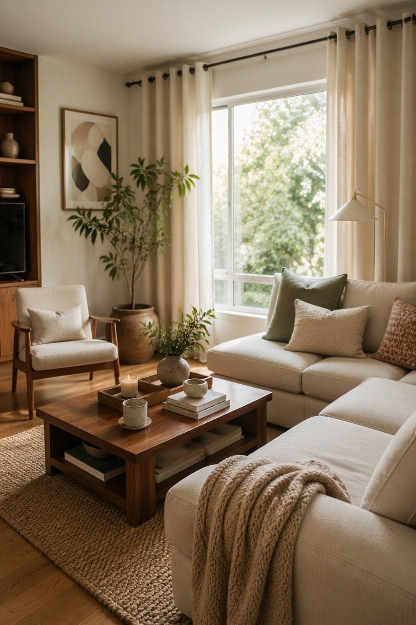 cream curtains soften ambiance