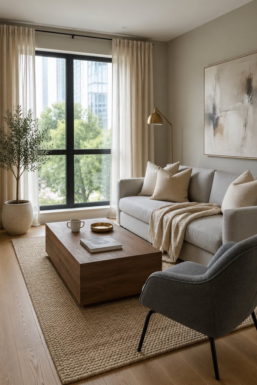 cream curtains with modern furniture