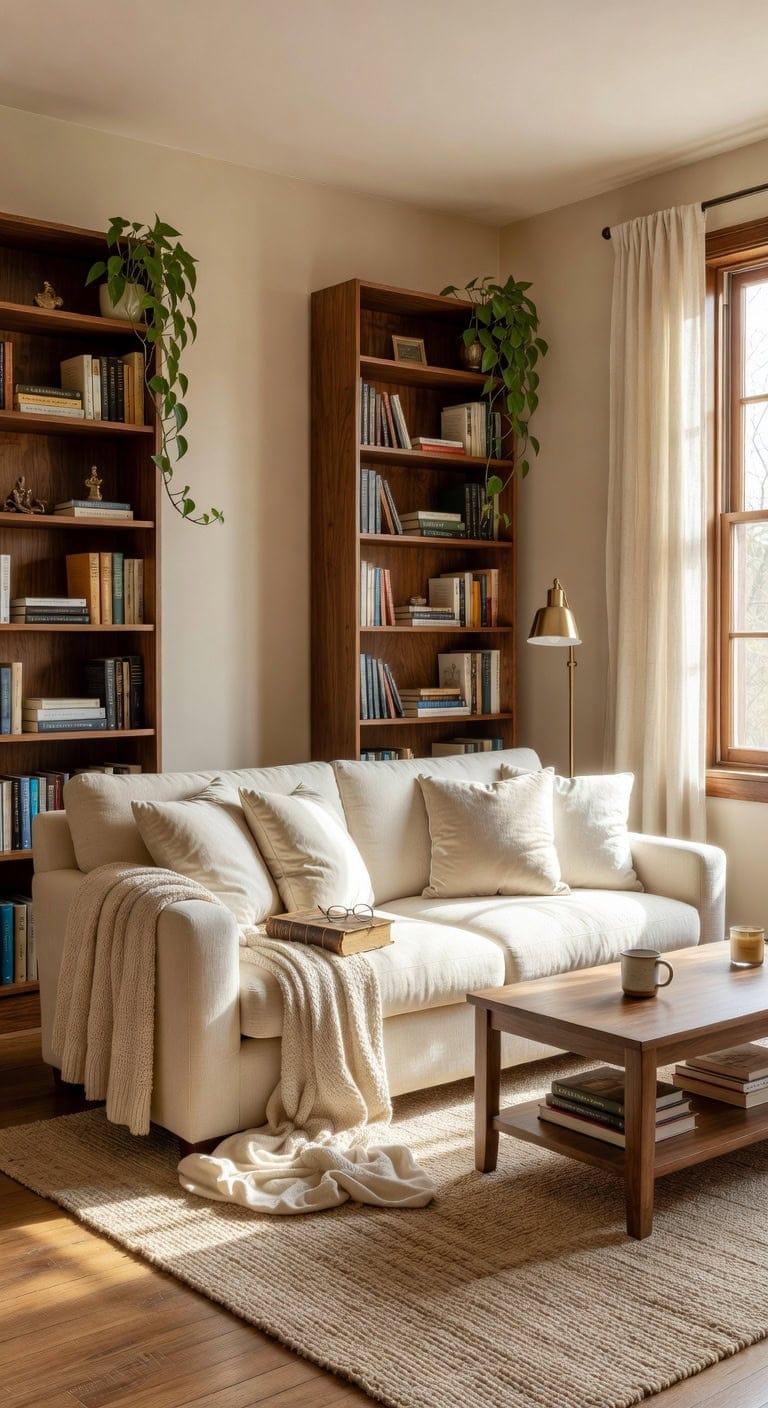 cream sofa classic bookshelves