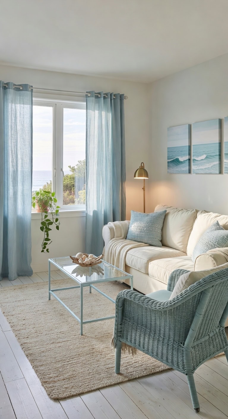 cream sofa light blue accents