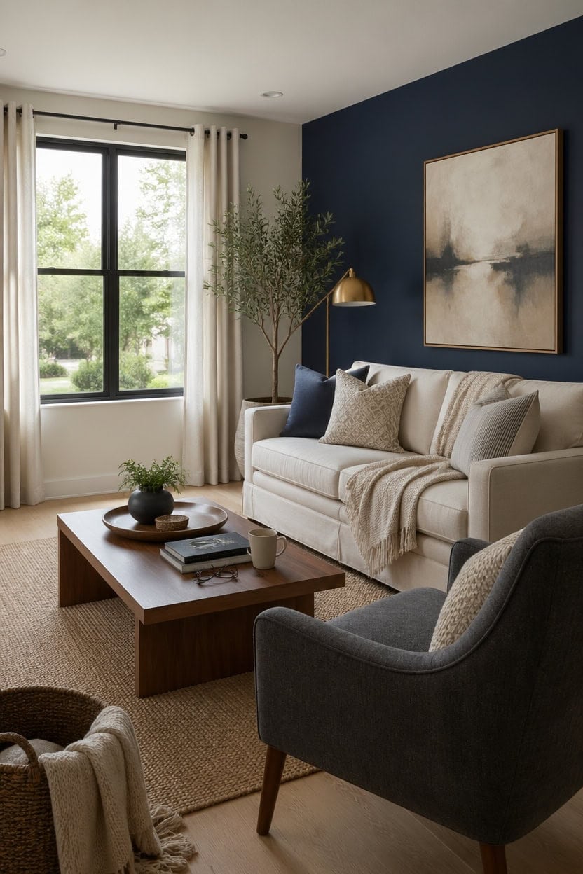 cream sofa navy walls