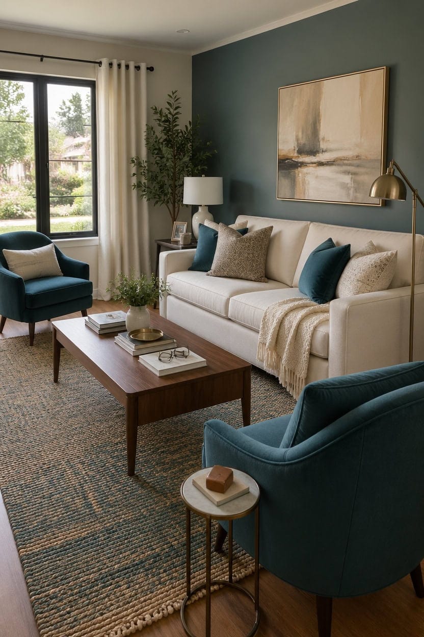 cream sofa teal accents