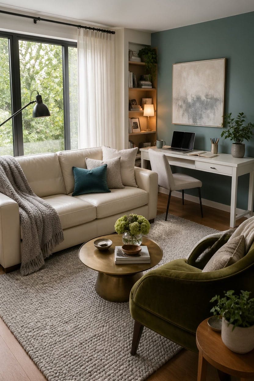 cream sofa teal accents