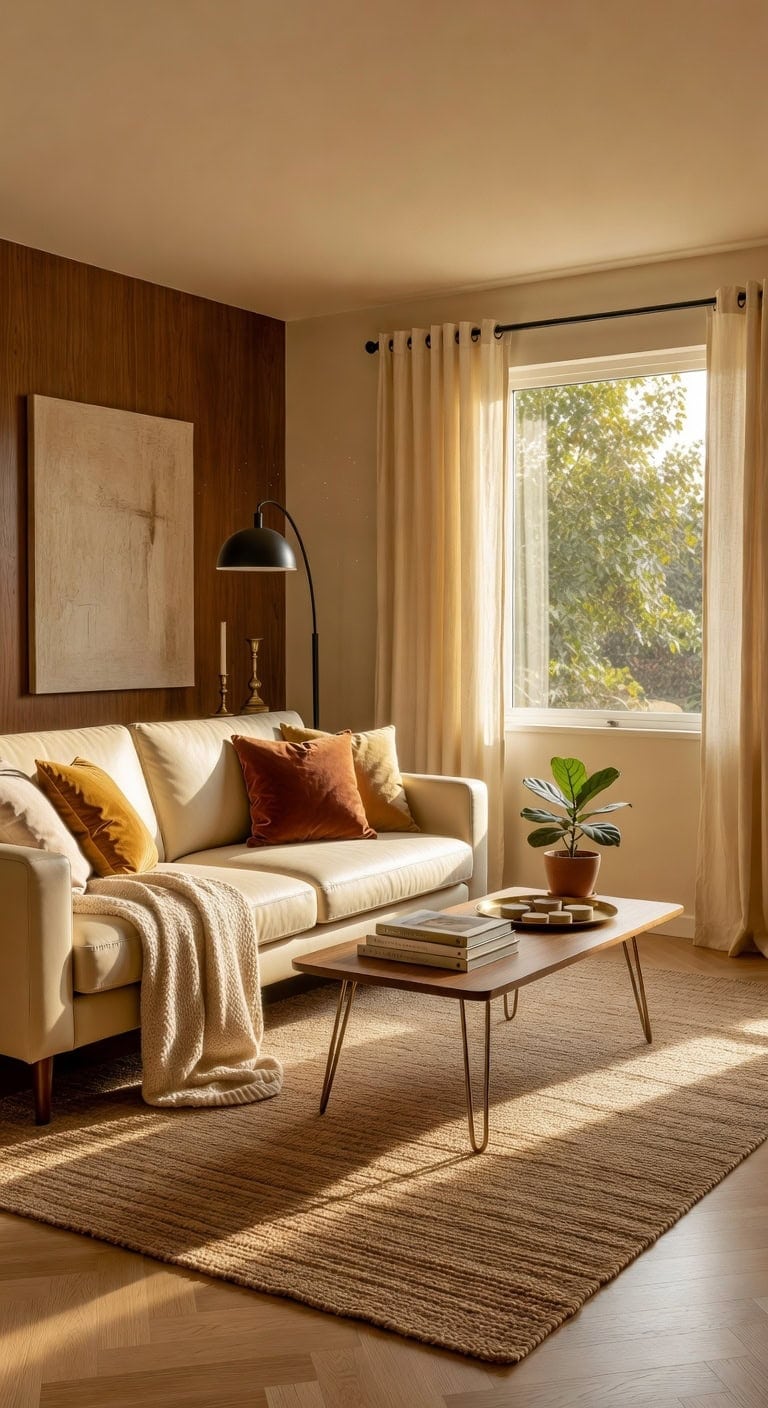 cream sofa walnut accents