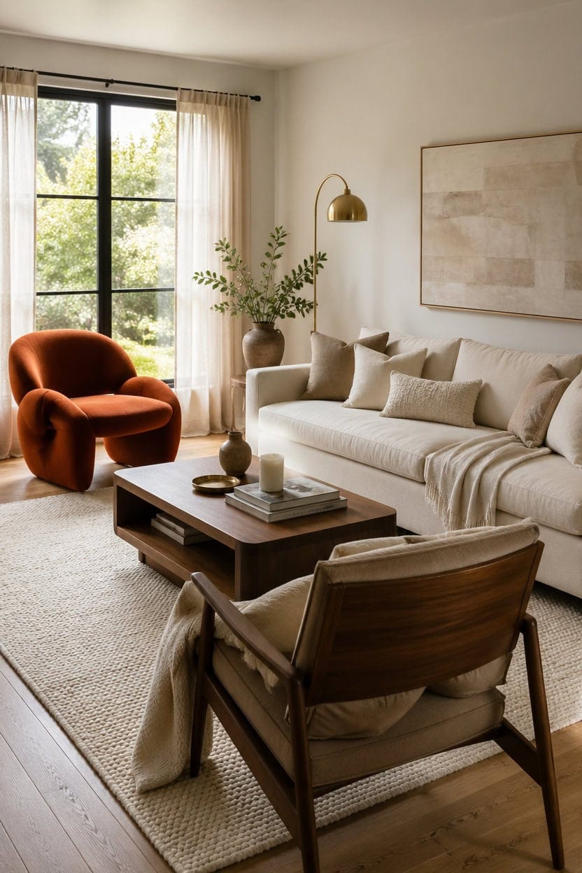 cream sofa walnut accents