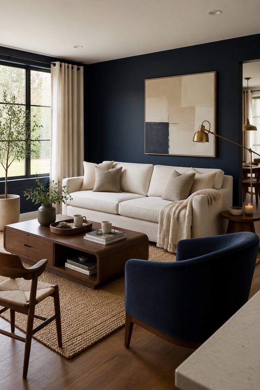 cream sofa with navy accents