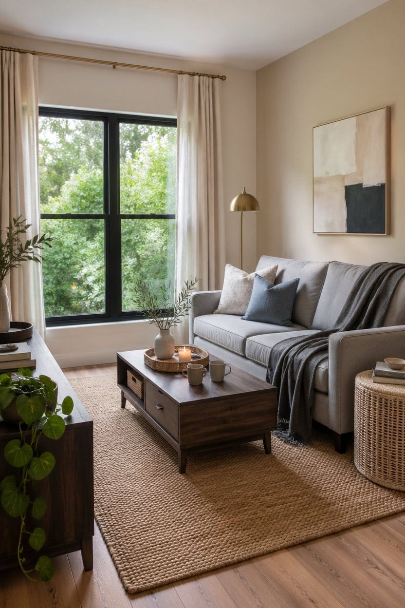 cream walls soft gray sofa
