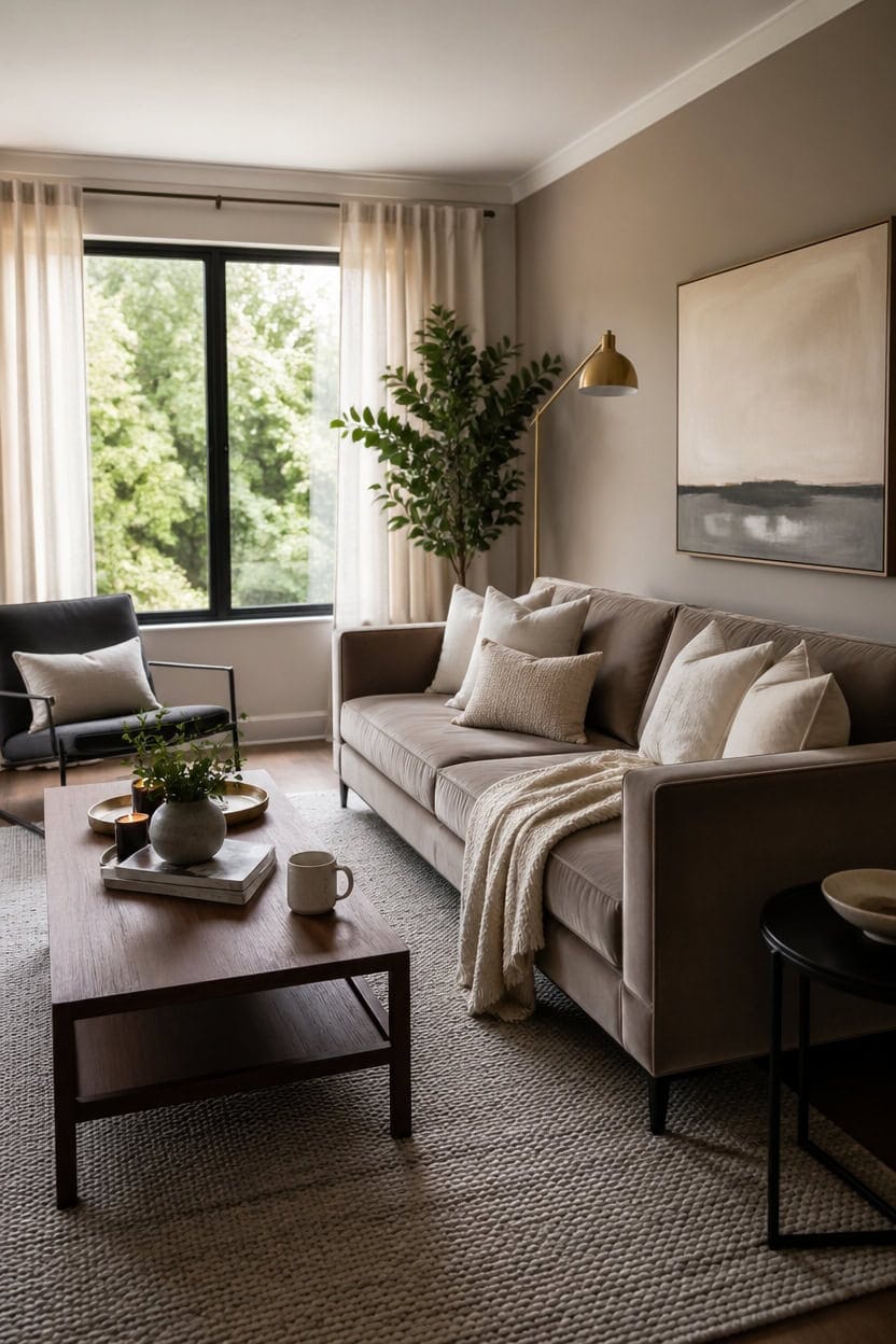 cream walls taupe sofa