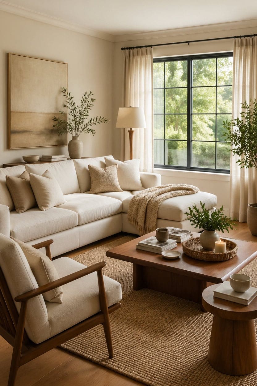 cream walls warm wood accents
