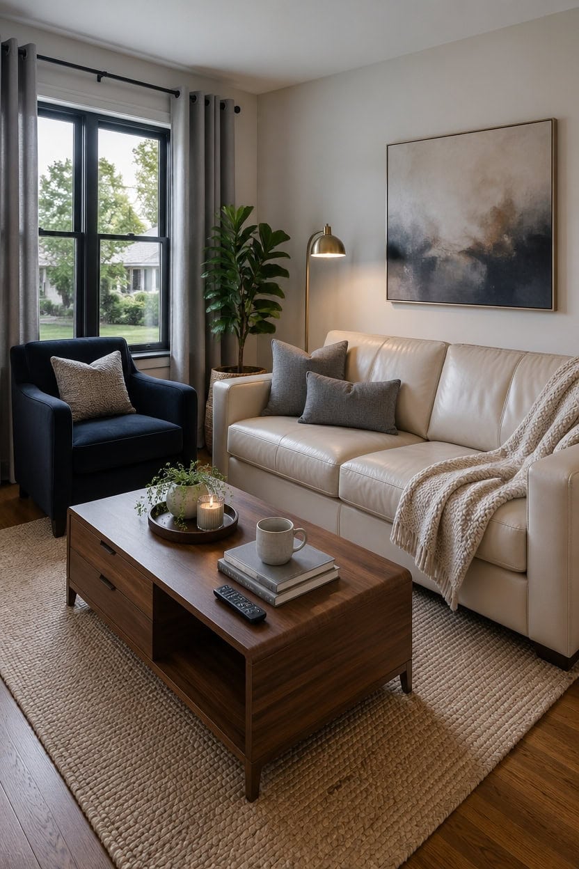 creamy leather sofa setup