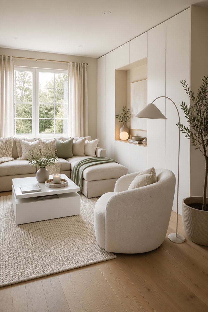 creamy minimalist hidden storage
