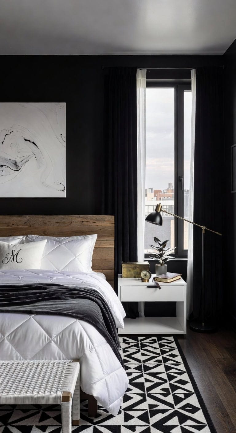 custom monogrammed black bedroom