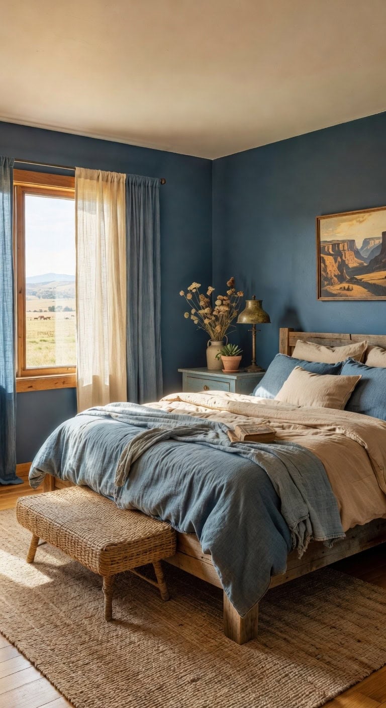 denim blue wheat rustic bedroom