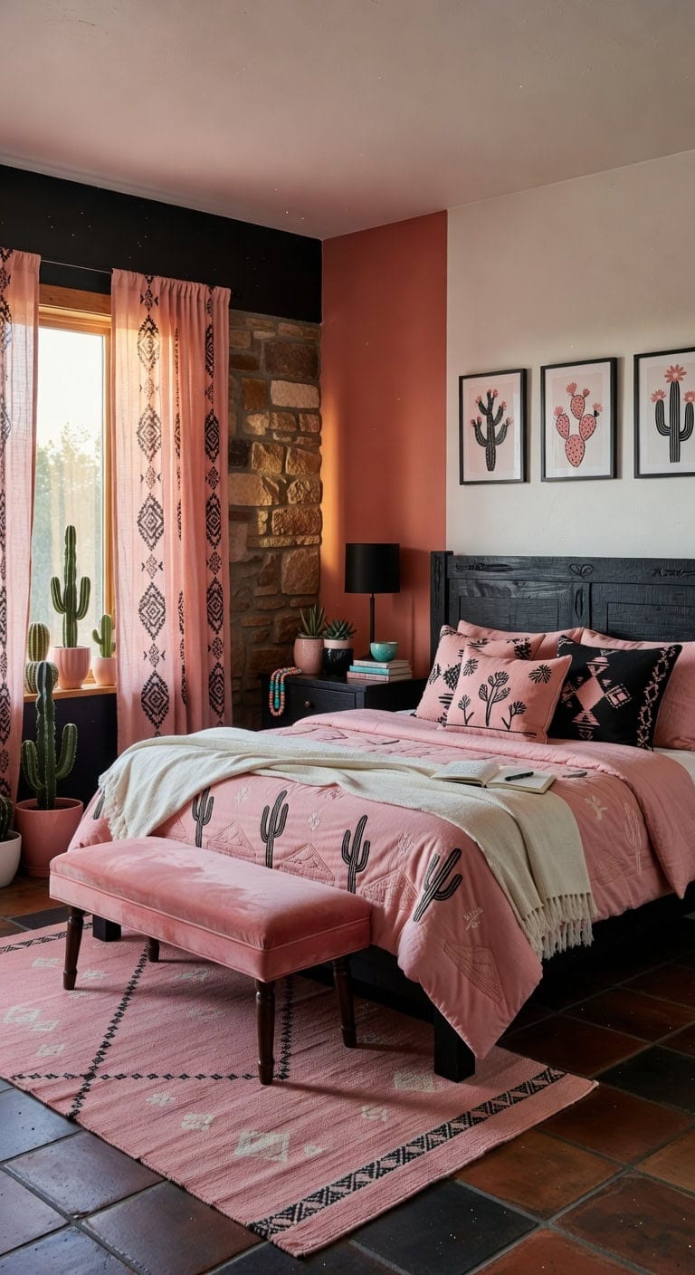 desert chic black pink bedroom