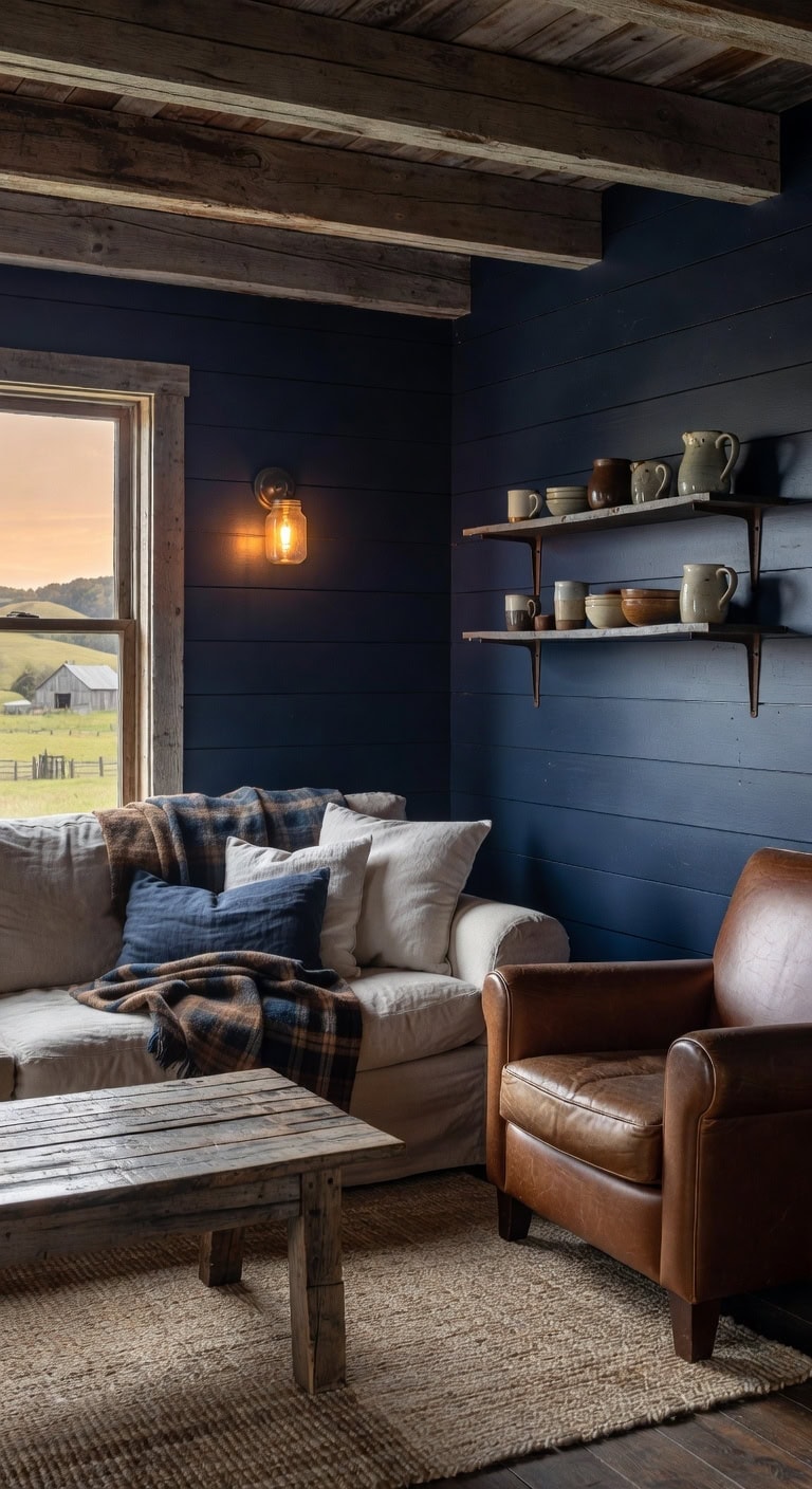 distressed farmhouse navy cozy vignette