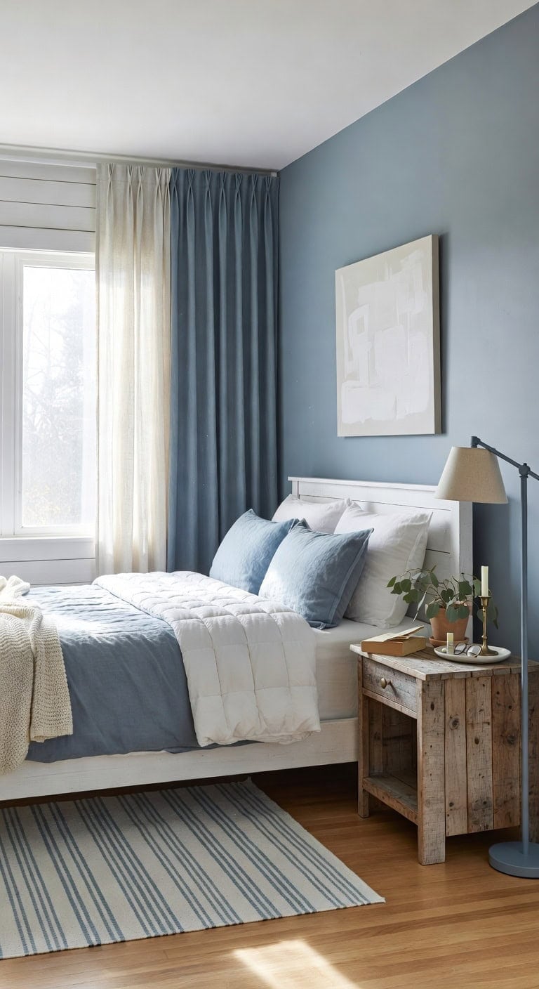 dusty blue farmhouse bedroom