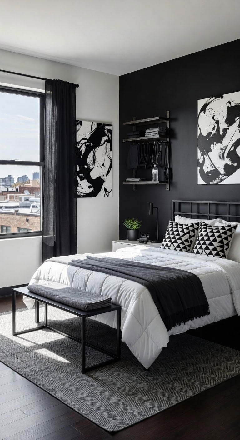 dynamic monochrome athletic bedroom