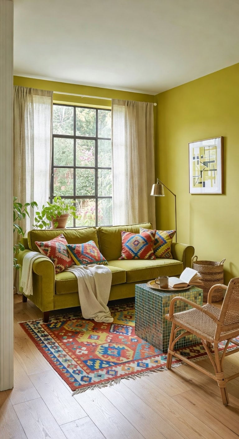 eclectic chartreuse living room