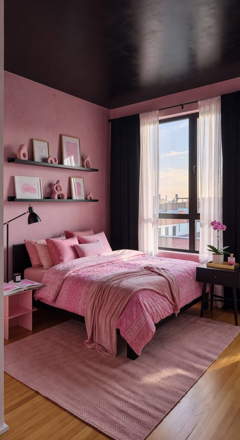 eclectic pink black gallery bedroom
