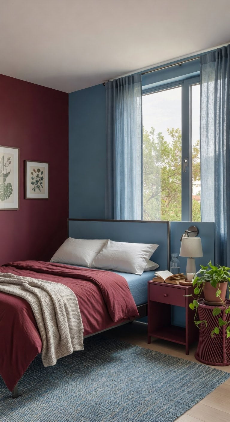 eco friendly blue burgundy bedroom