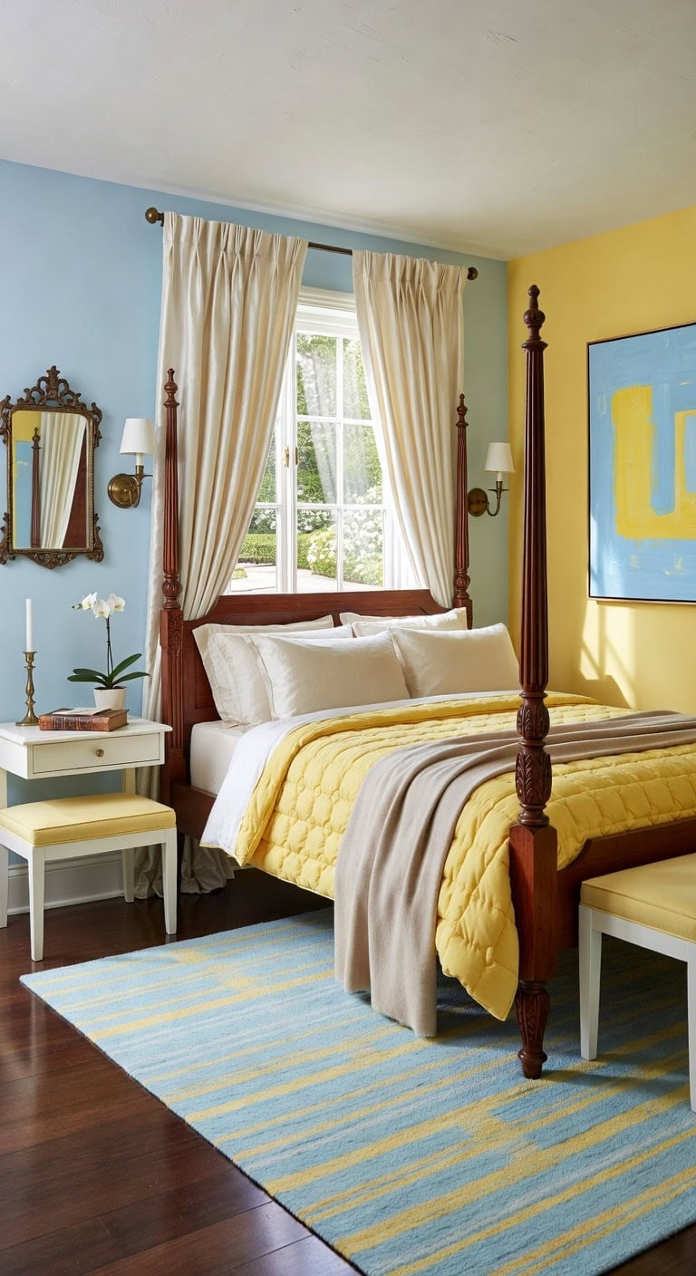 elegant blue yellow bedroom