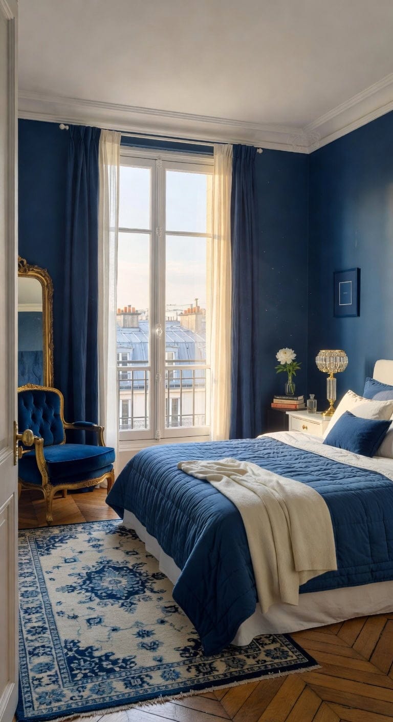elegant deep blue parisian bedroom