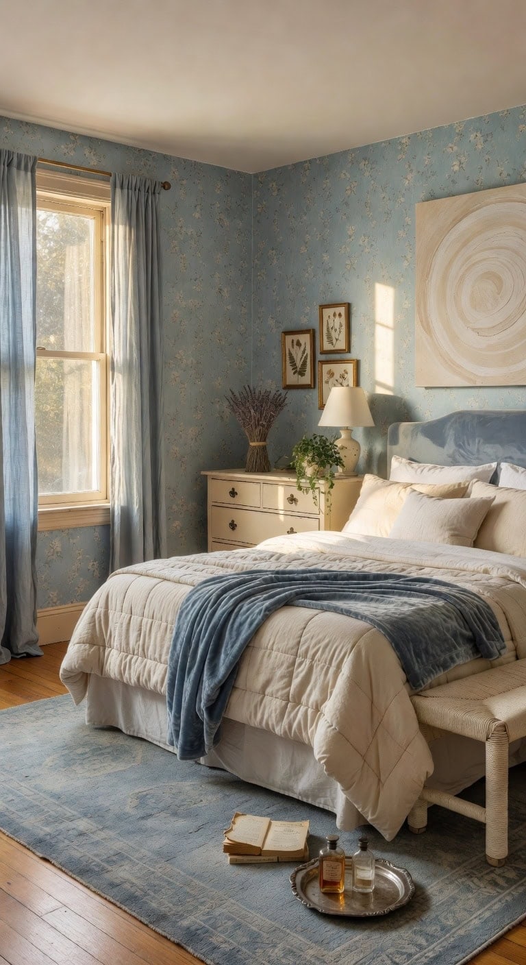 faded blue vintage bedroom
