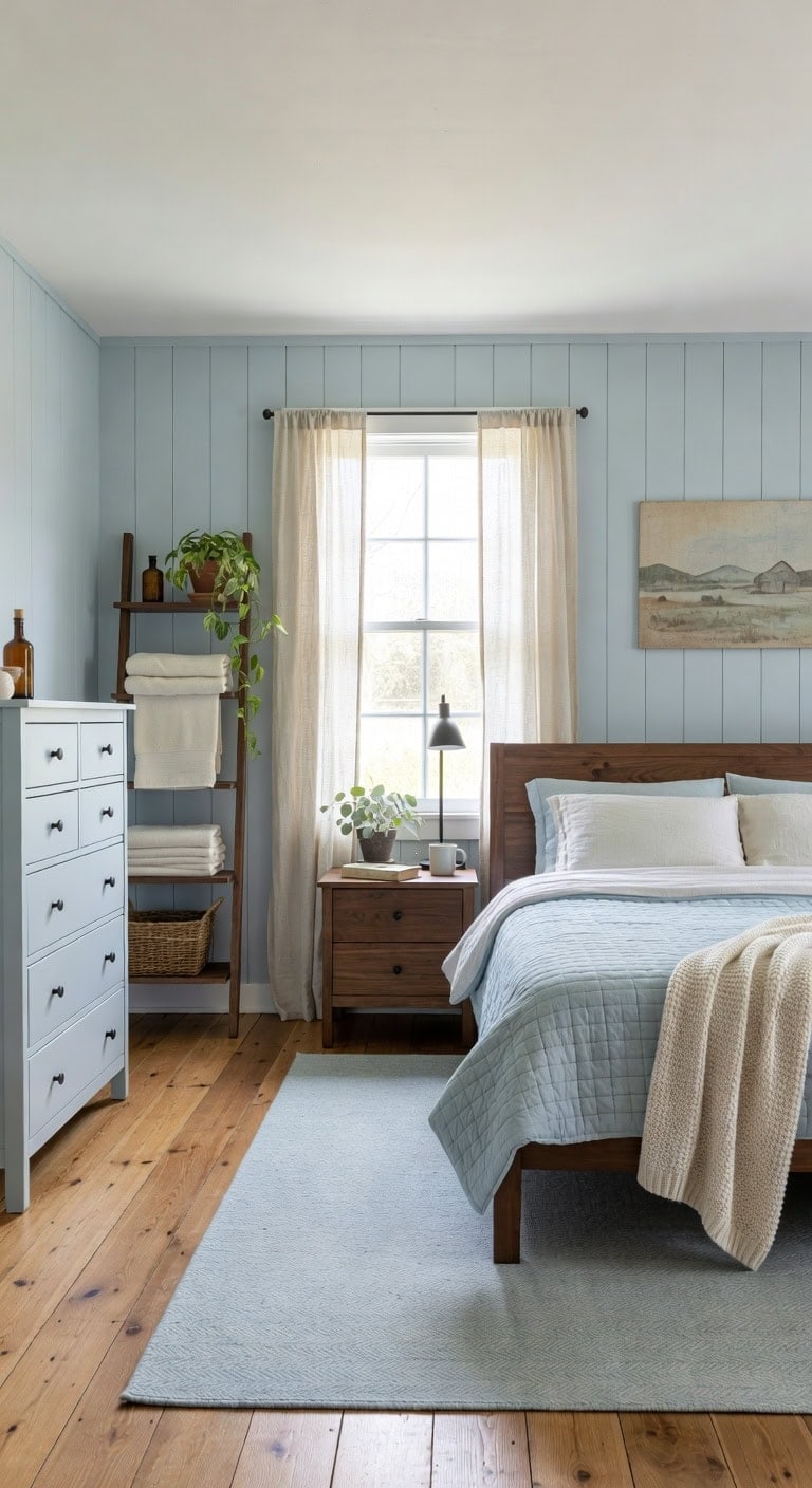 farmhouse blue wood bedroom
