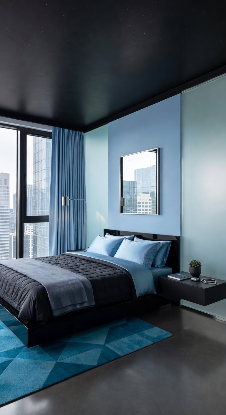 futuristic black ice blue bedroom