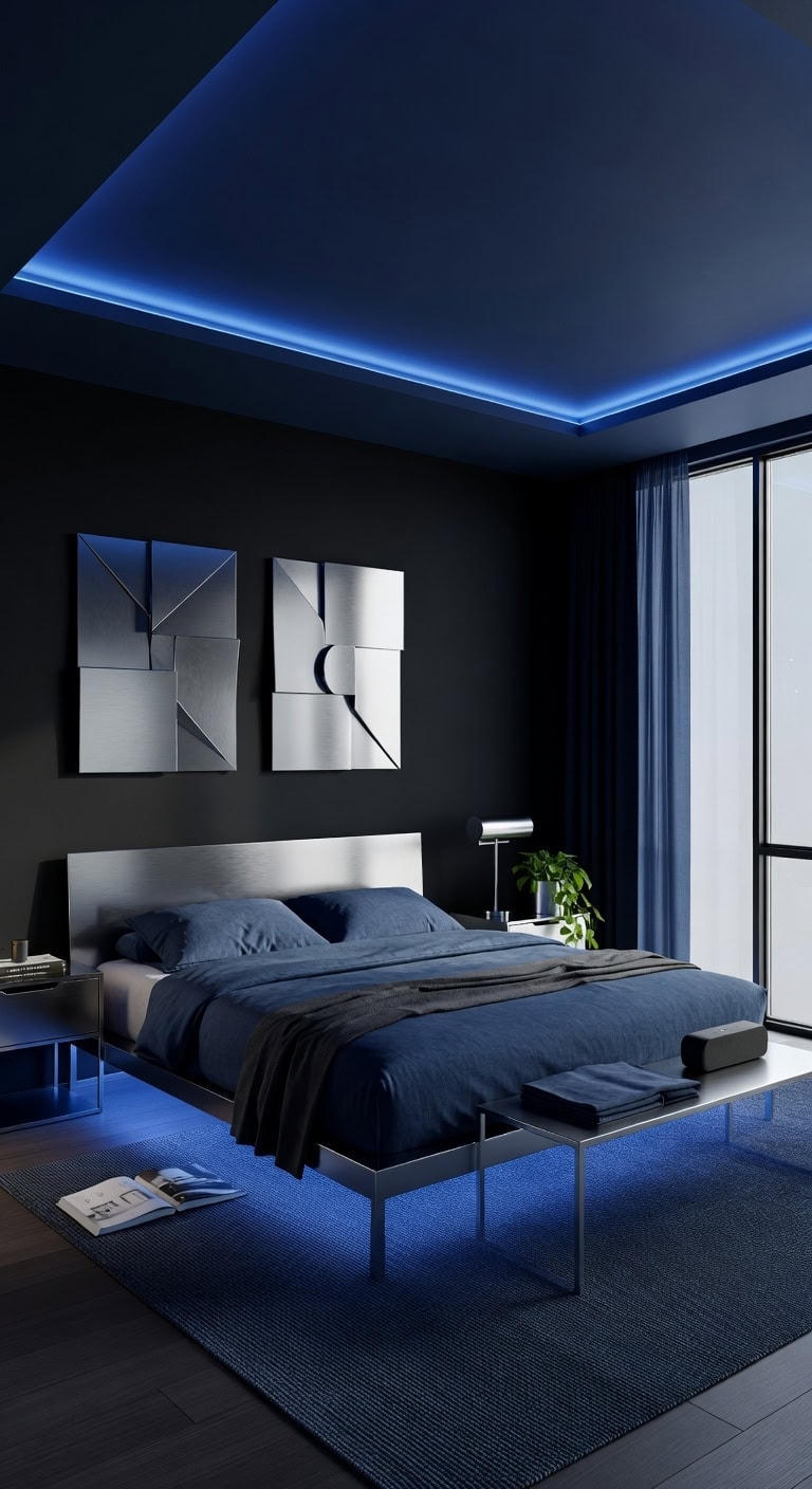 futuristic black navy chrome bedroom
