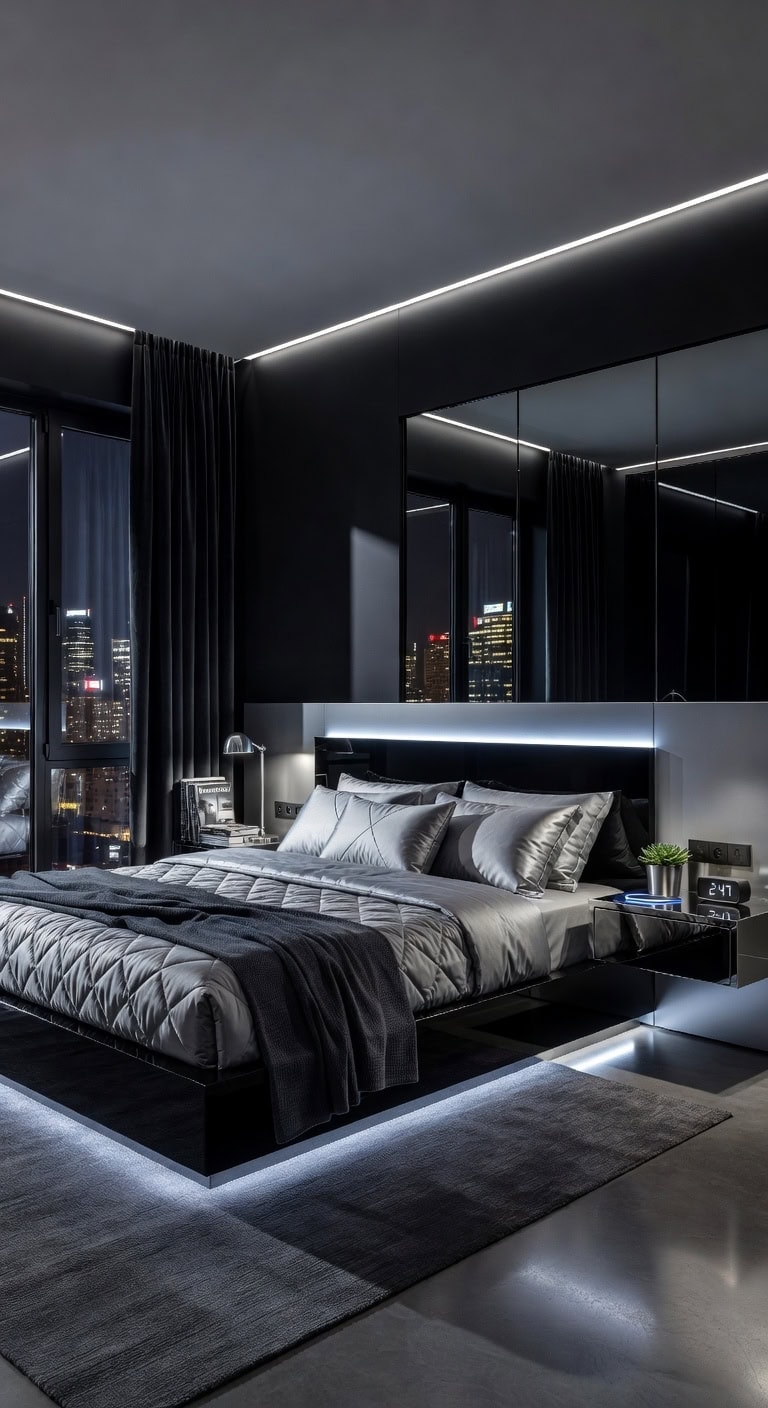 futuristic black silver bedroom