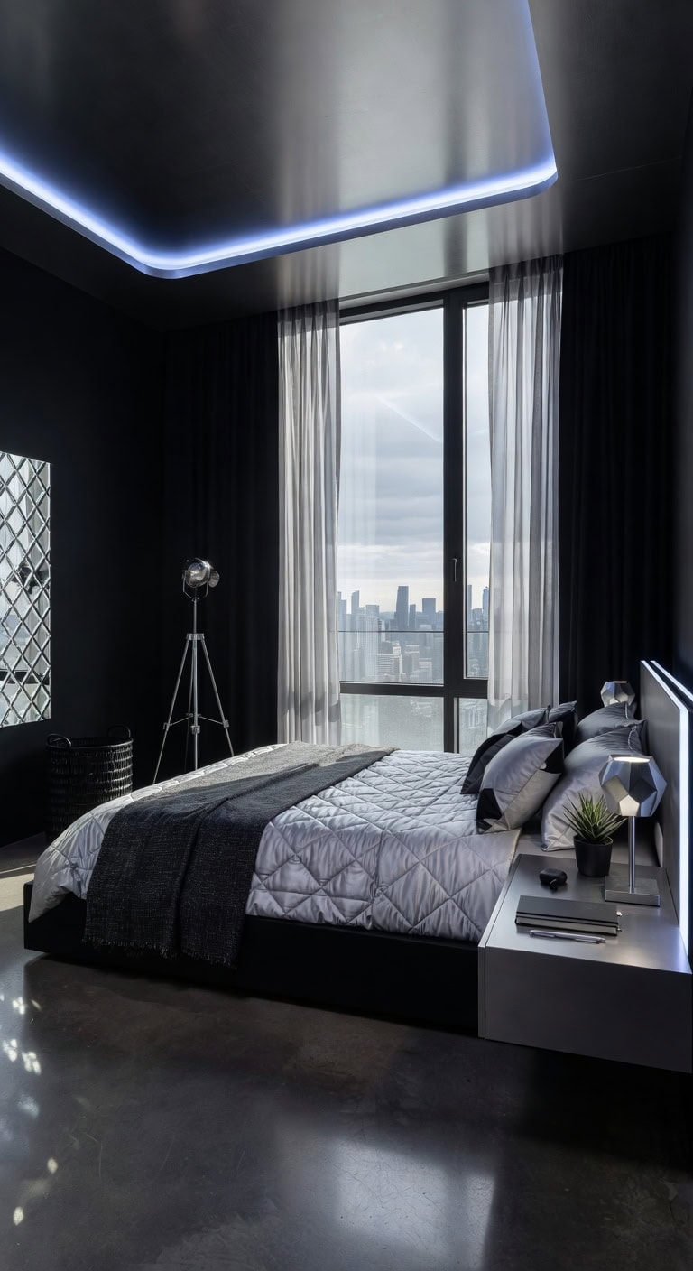 futuristic black silver bedroom