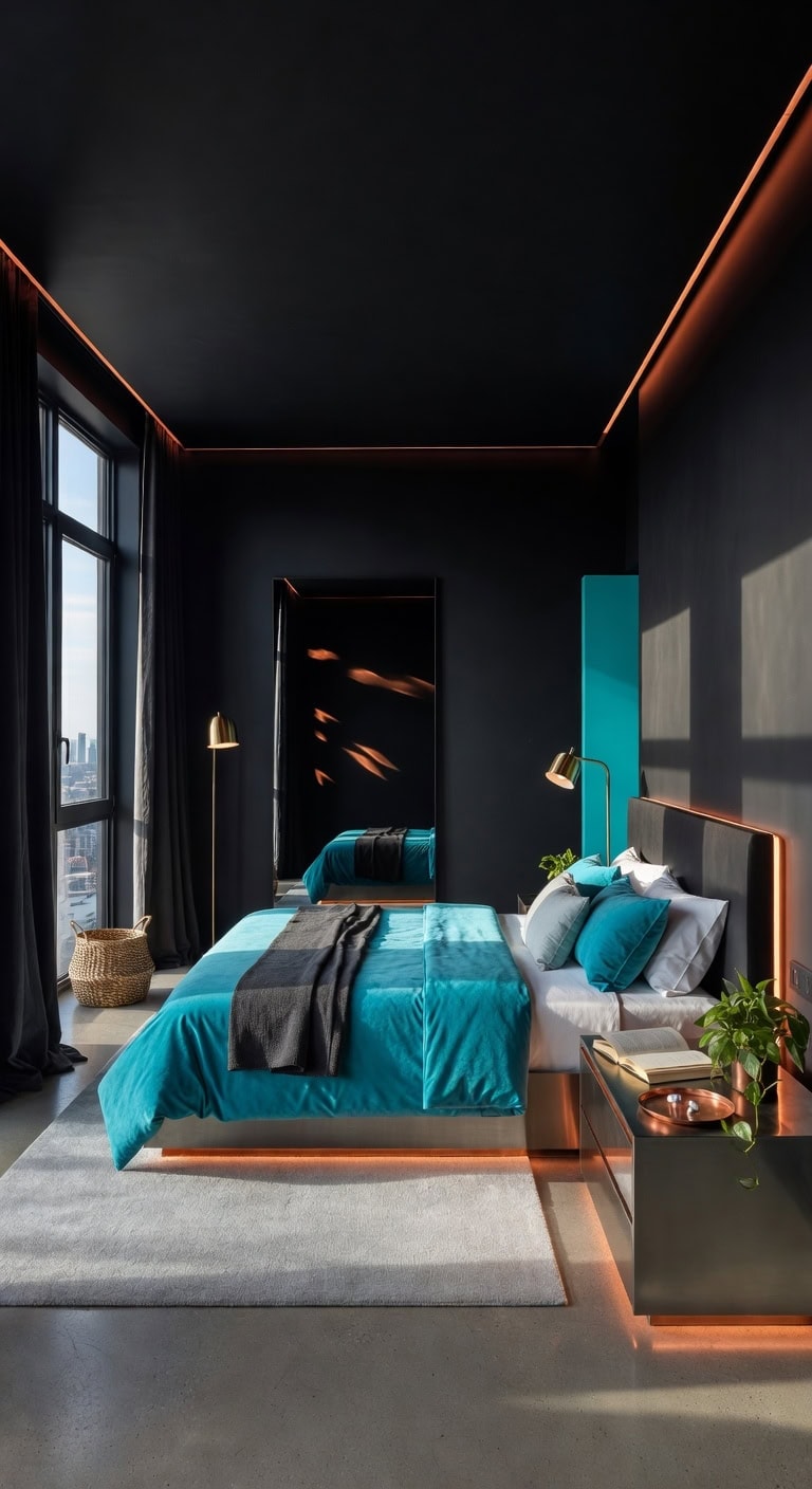 futuristic black turquoise bedroom